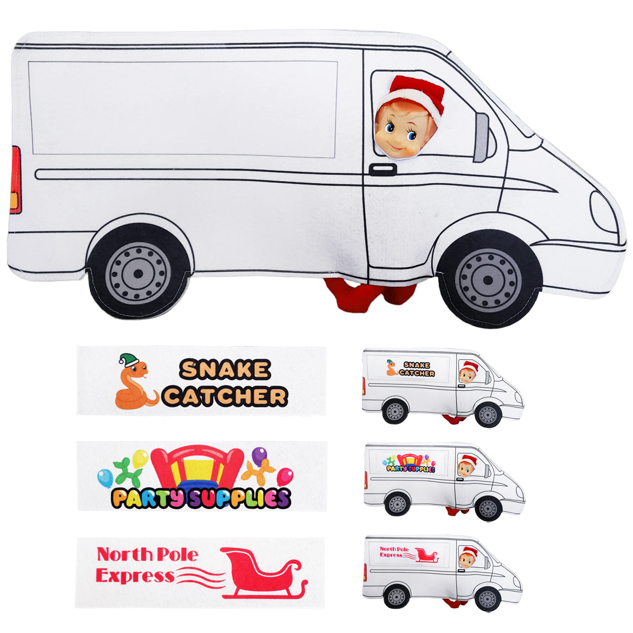 Van elf costume with interchangeable business signs. Turn it into a snake catcher, a party supplies business or a postal service