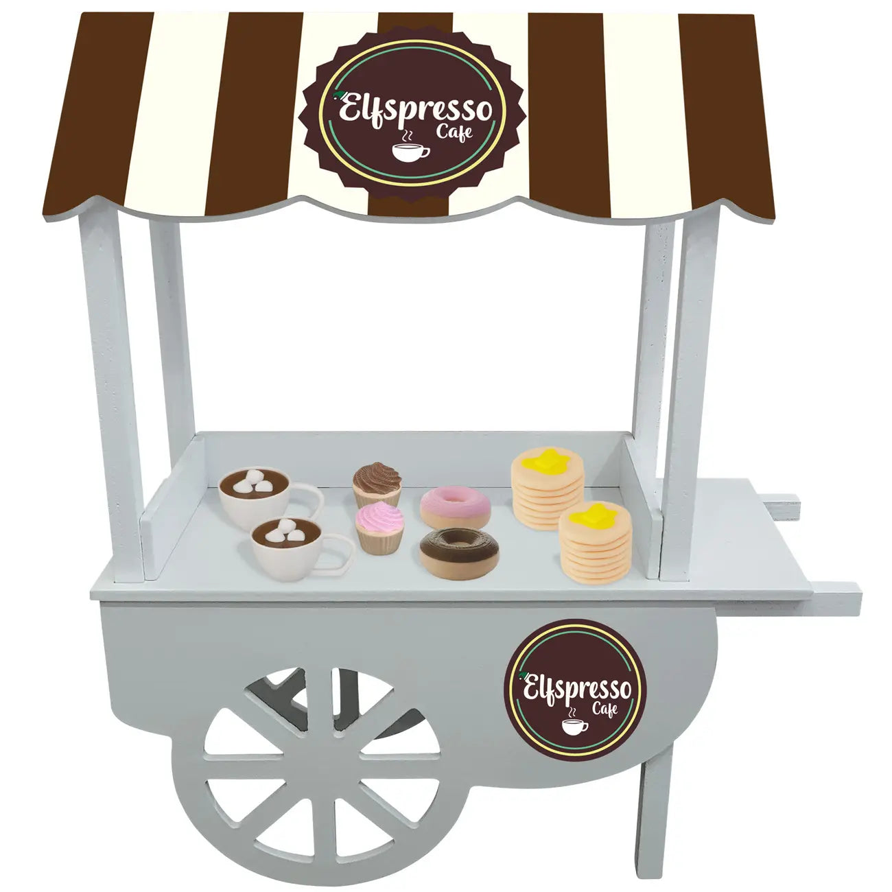 Cafe shop for elves with miniature cocoa, donuts, cupcakes and pancakes