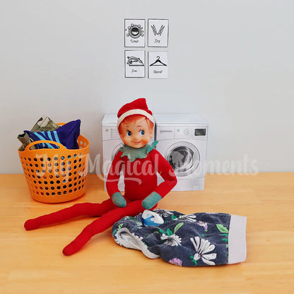 Elf doing the ironing with a miniature iron and washing basket