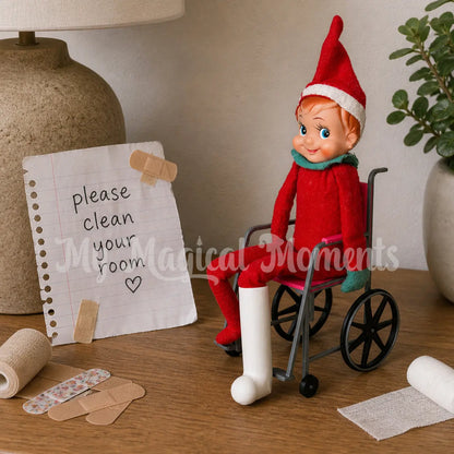 Vintage elf in a wheelchair wearing a leg cast