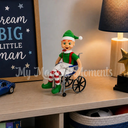 My elf friends in a blue wheel chair in a bedroom