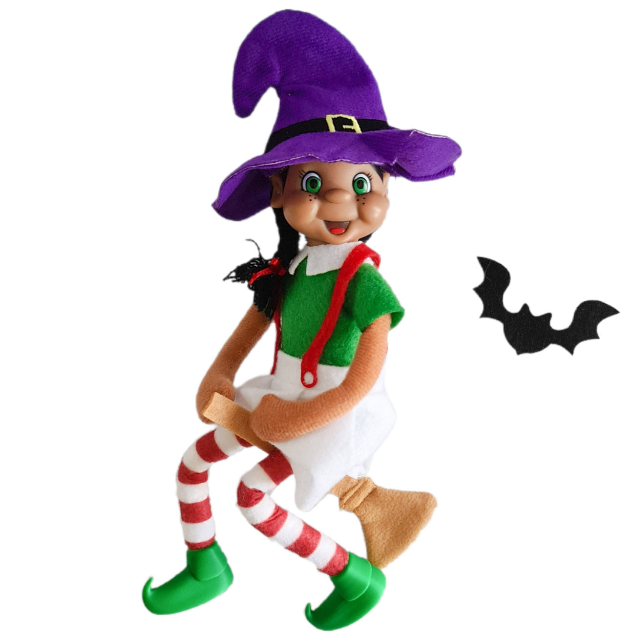 Elf Witch costume riding a broom stick with a pet bat
