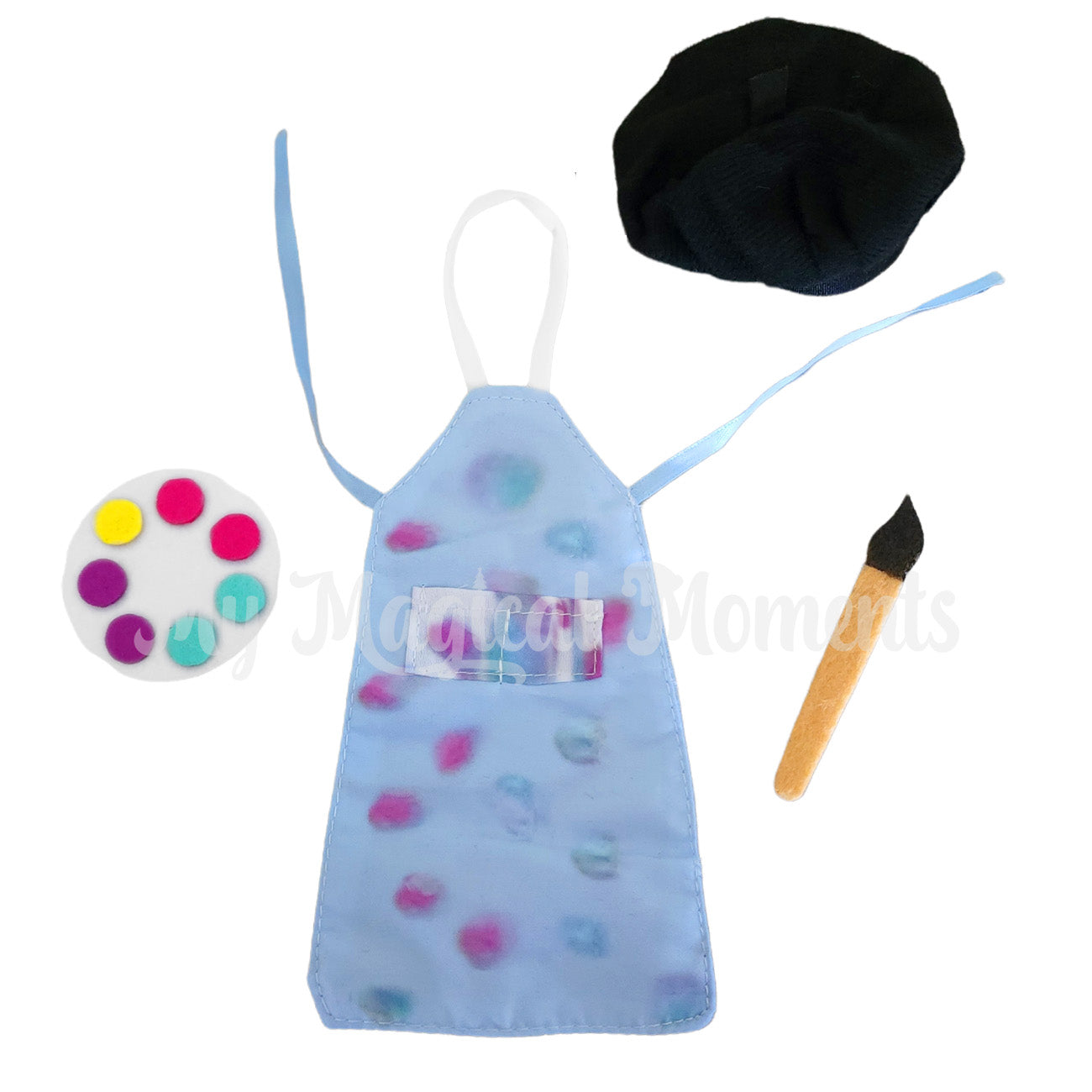 artist elf costume with smock, beret, paintbrush and colour pallet