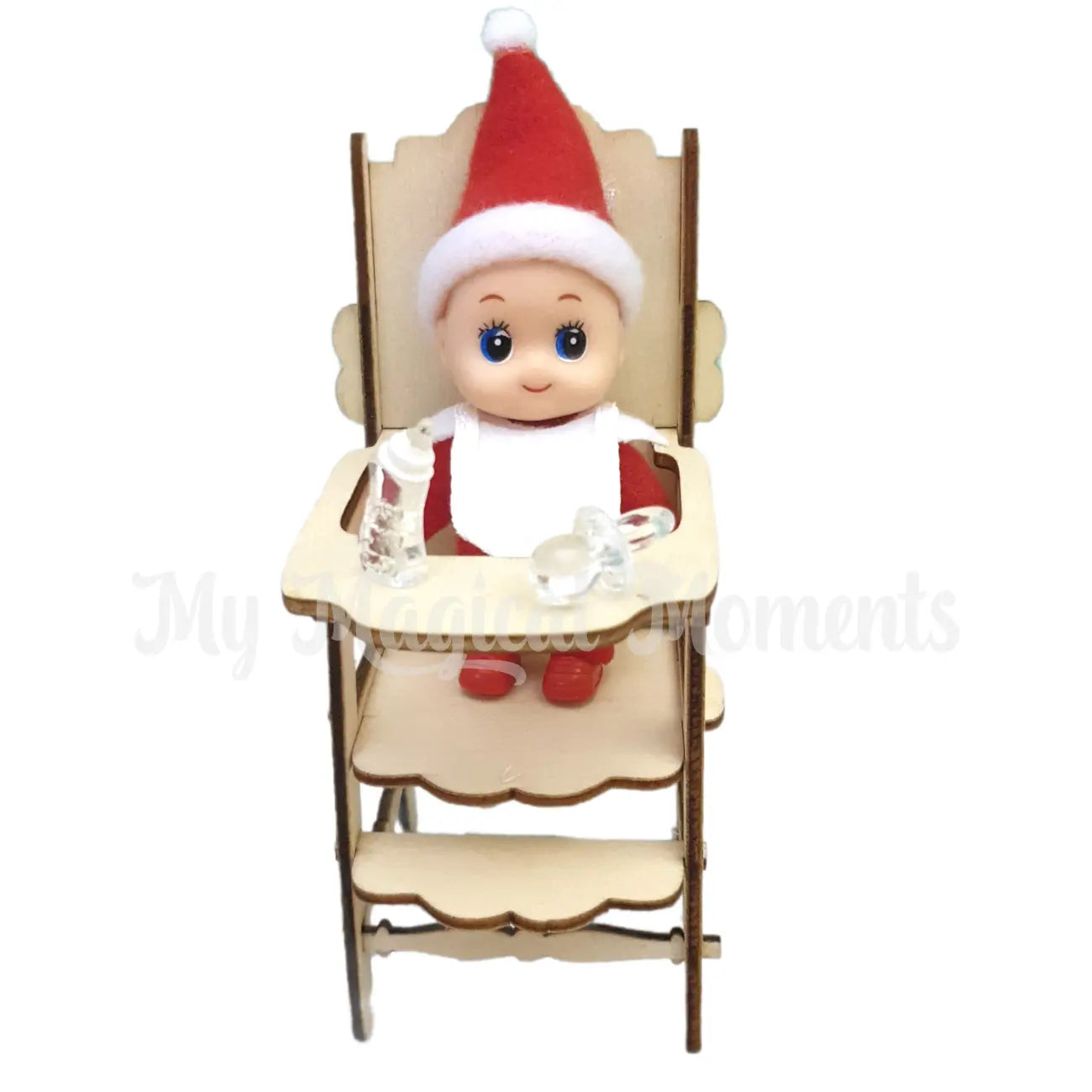 elf baby in a miniature high chair