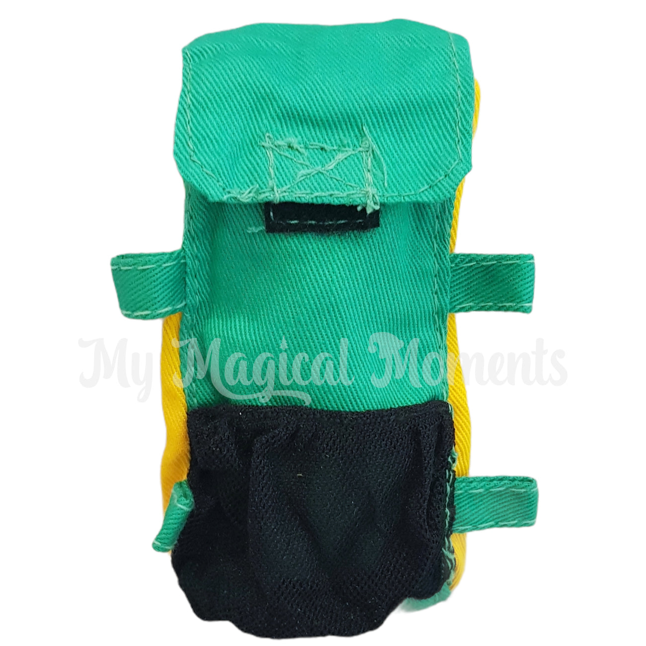 Miniature elf backpack. Green bag with yellow sides and mesh front pocket