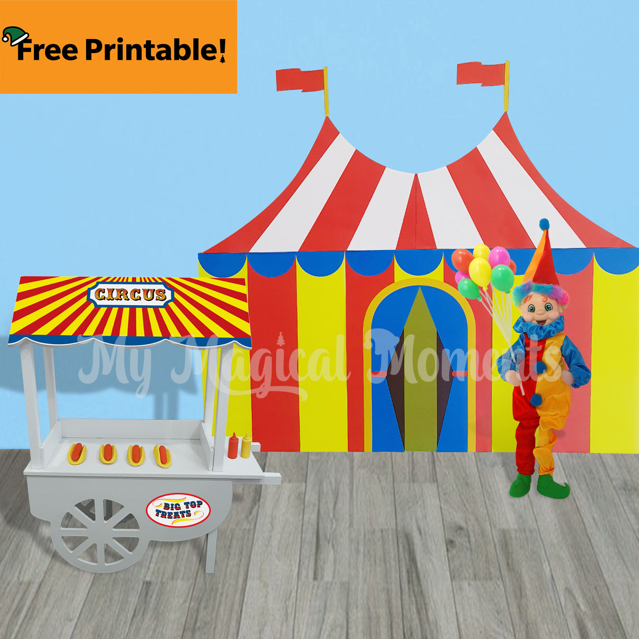 elf Circus clown in front of a big top tent printable and a hot dog stand holding balloons