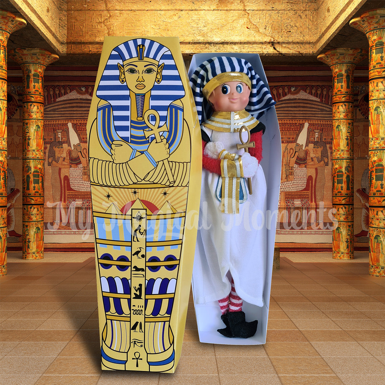 elf dressed as an egyptian in a scarcophagus