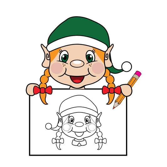elf holding a colouring in sheet