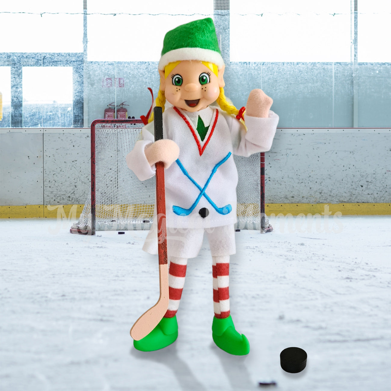 My elf friend playing ice hockey wearing a jersey and holding a hockey stick
