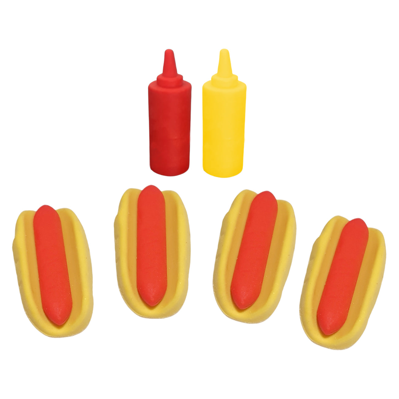 Hot dog elf props with miniature sausages and a ketchup and mustard sauces