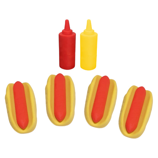 Hot dog elf props with miniature sausages and a ketchup and mustard sauces