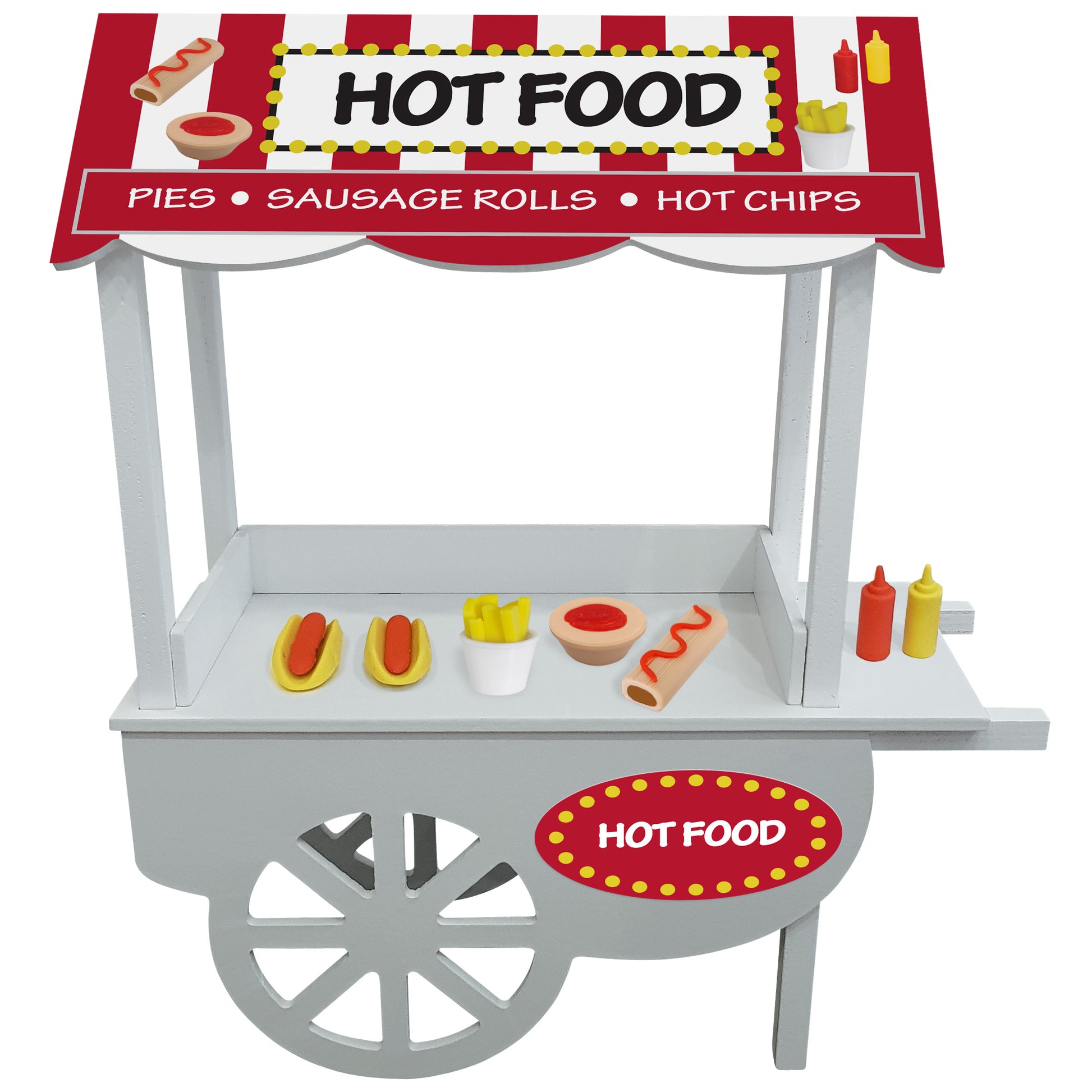 Miniature hot food stand with pies, sausage rolls, hot dogs and sauce