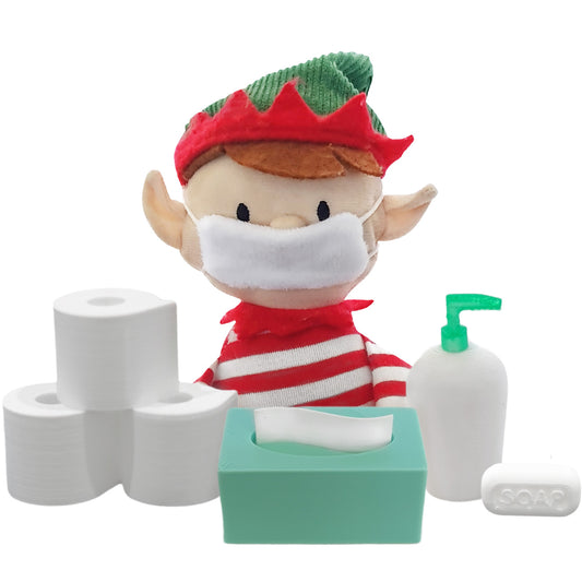 Isolation Pack for elf. Including a face mask, miniature toilet paper, tissue box, soap and sanitiser