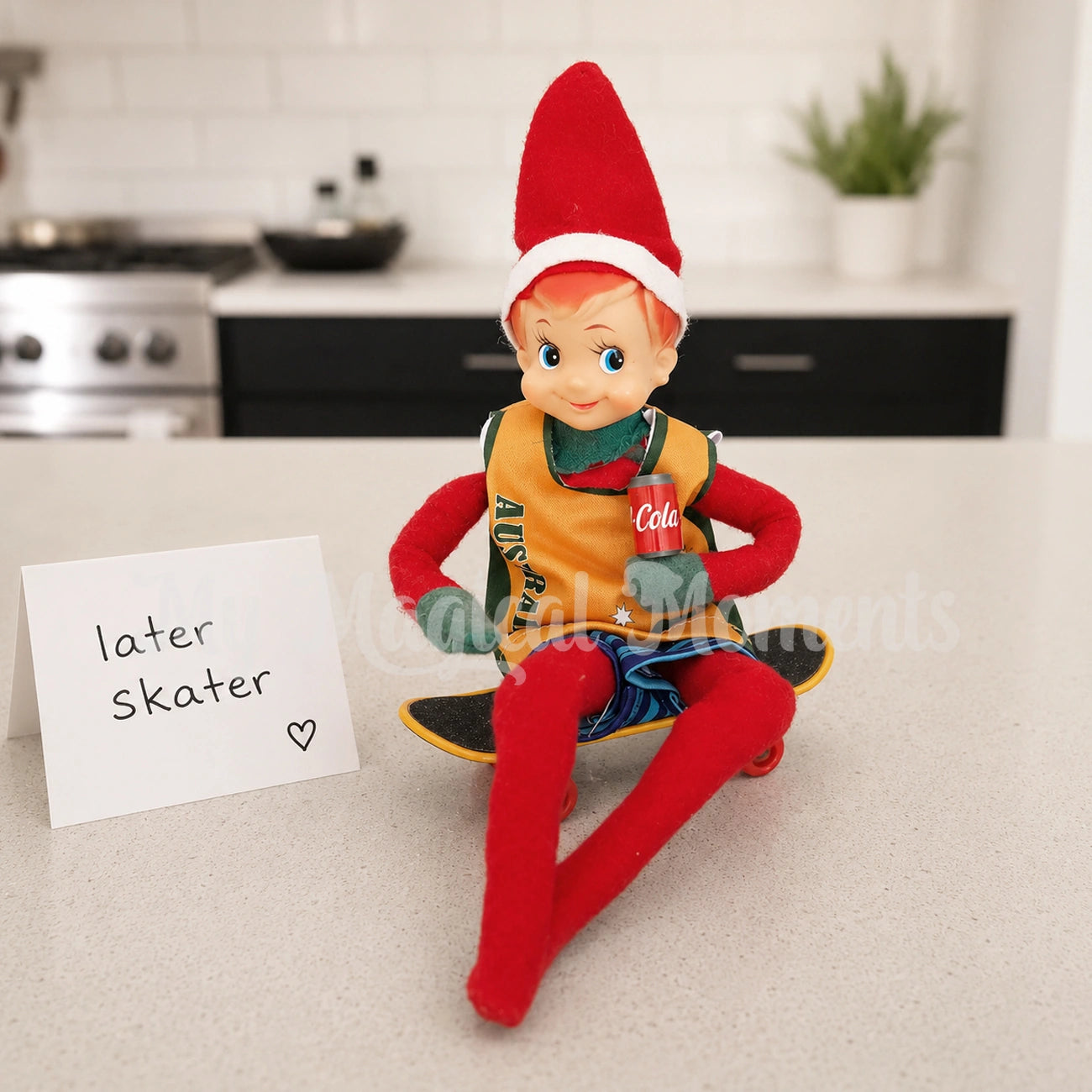 elf drinking cola on a skateboard wearing an aussie singlet , with the words later skater