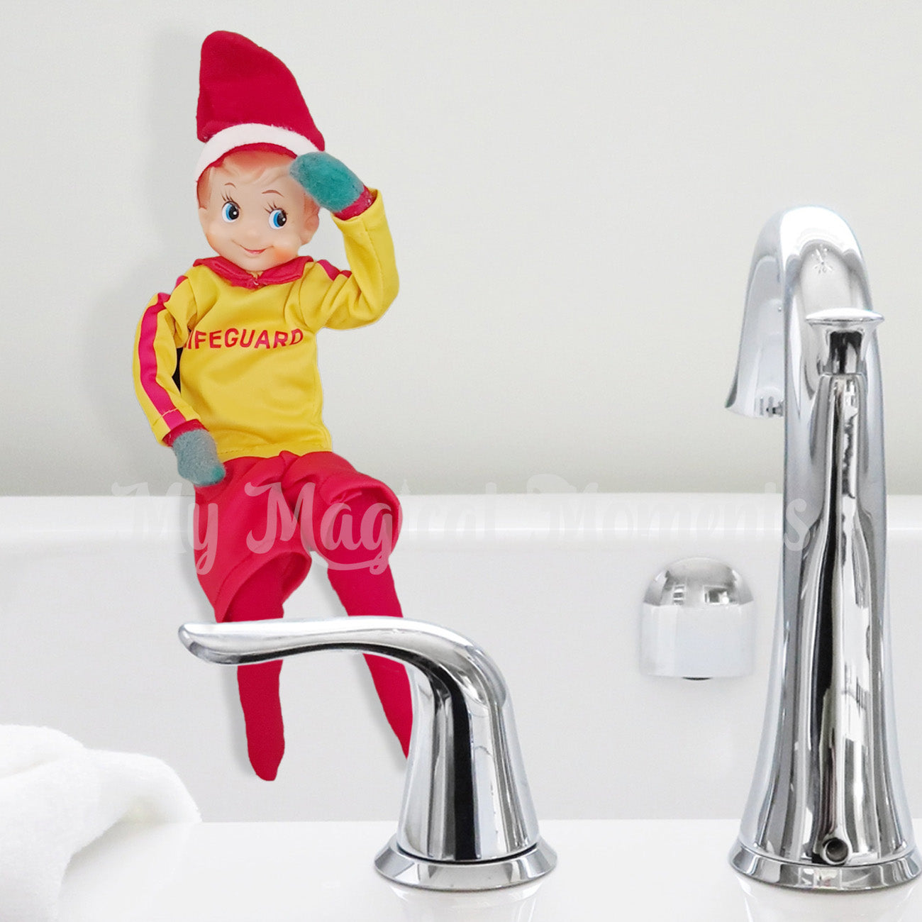 elf watching in the bathroom wearing an elf lifeguard costume