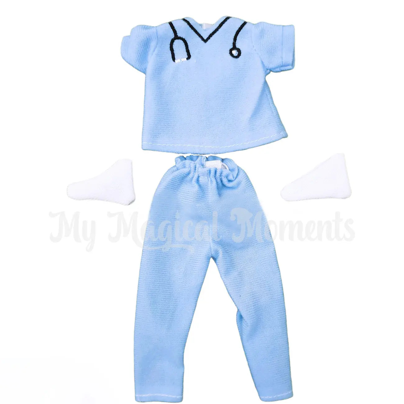 Blue nurse elf scrubs. Stethoscope sewn around the neckline. White booties