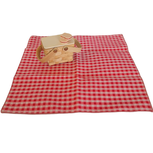 Miniature Picket Basket for elf with tiny sandwiches and a red and white picnic blanket