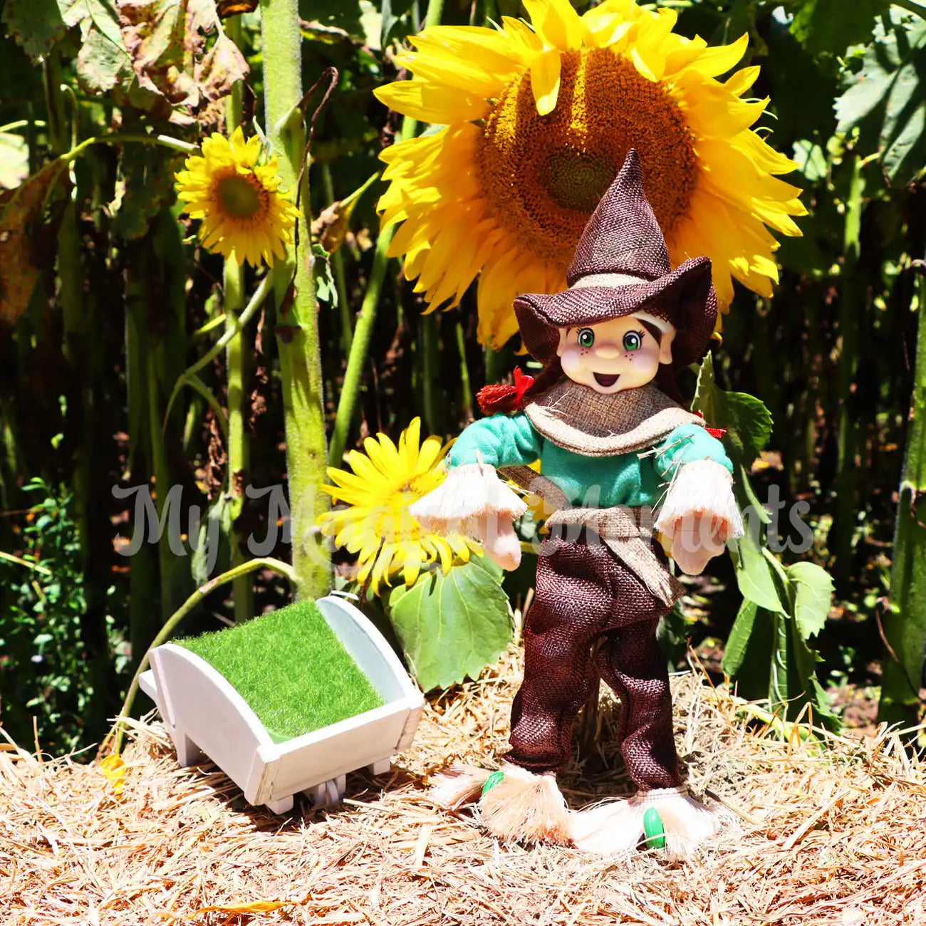 elf wearing a scarecrow costume with a mini wheelbarrow