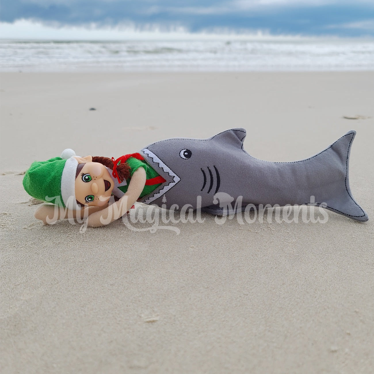 elf shark costume on a beach
