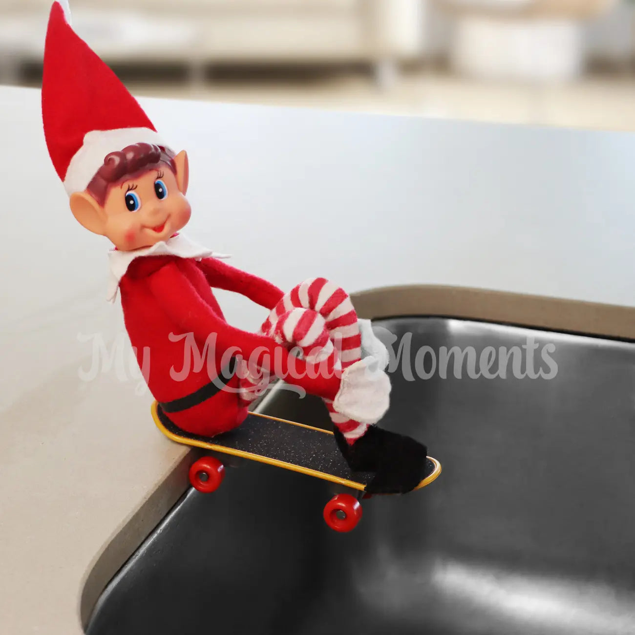 Elf using a skateboard in the sink