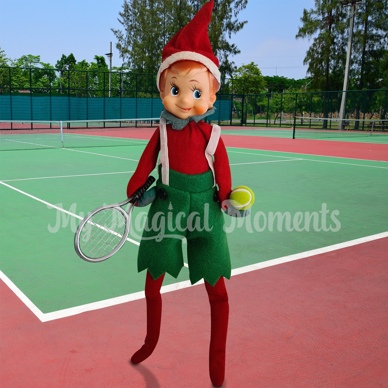 Elf playing tennis on a court