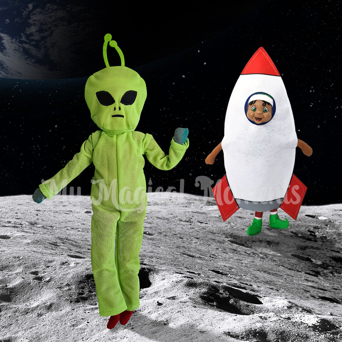 Elf dressed as an alien on the moon with a spaceship