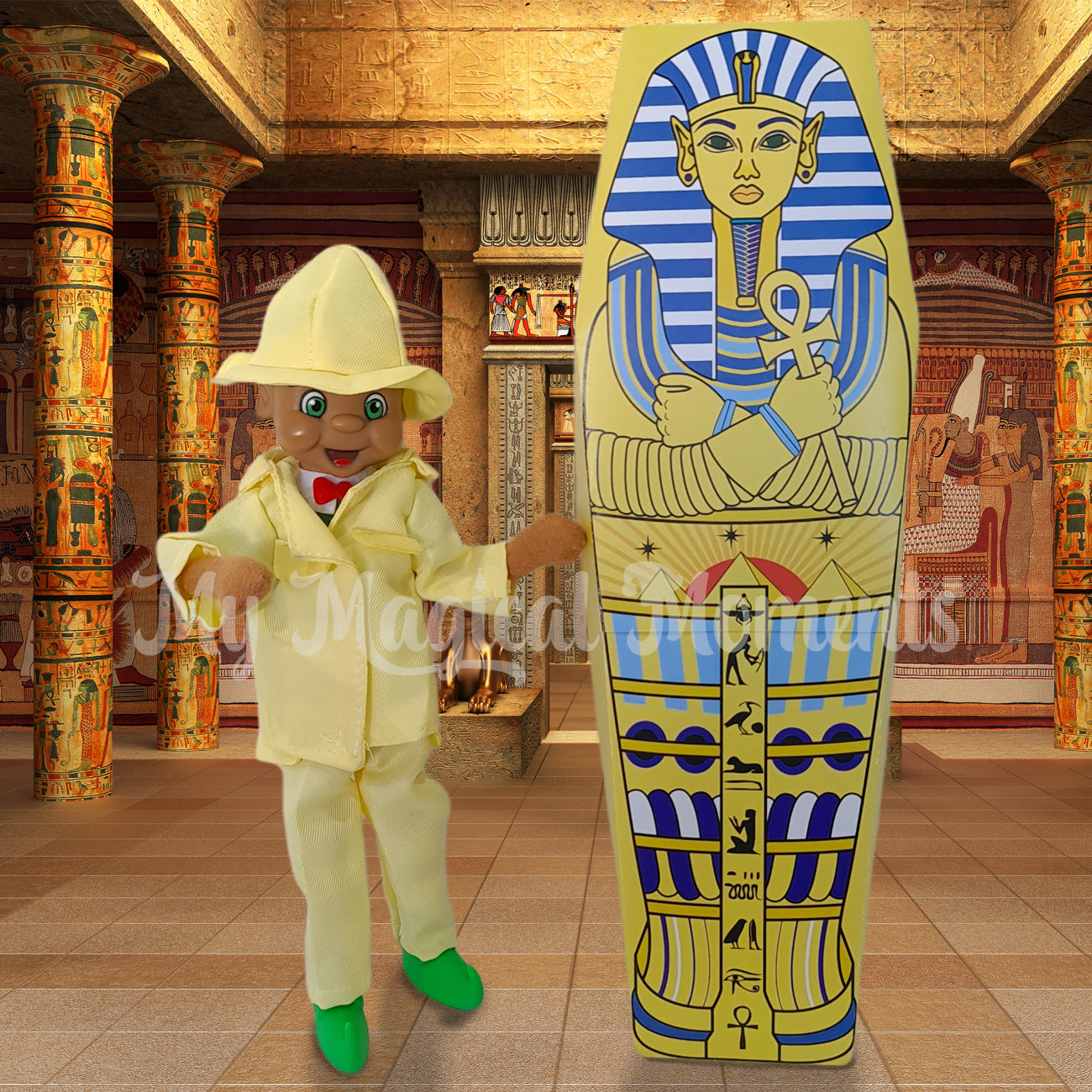 Elf wearing an archaeologist costume and an Egyptian tomb