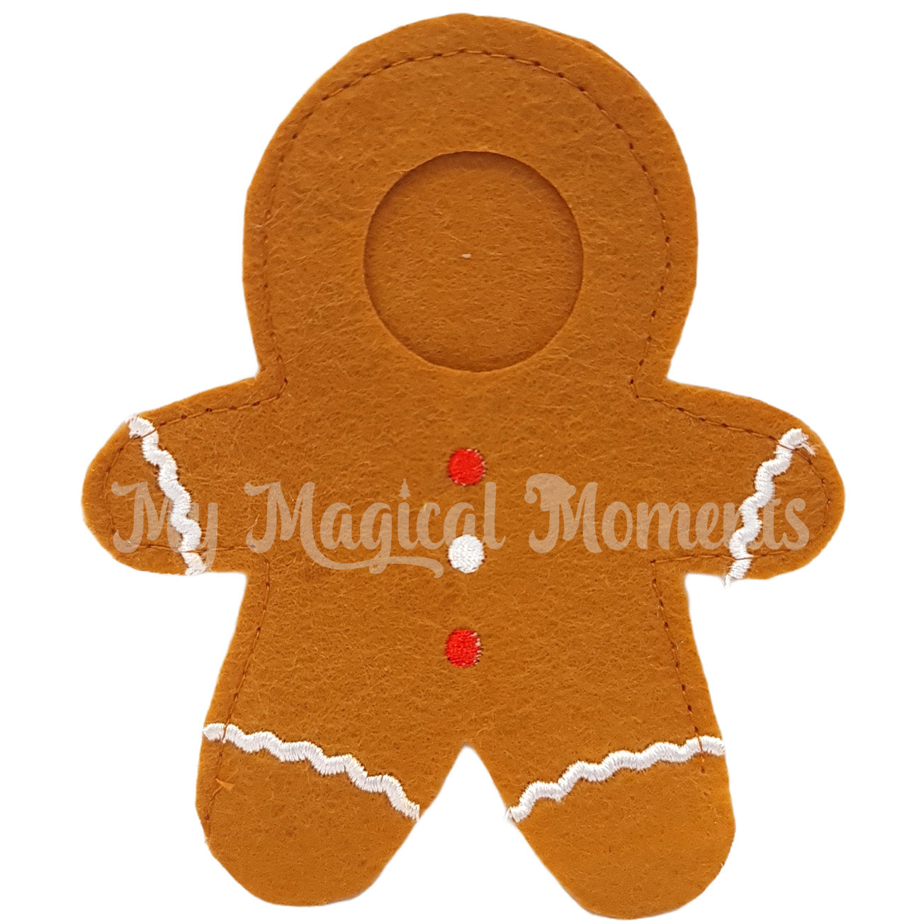 Elf baby gingerbread costume. Red and white button with white icing