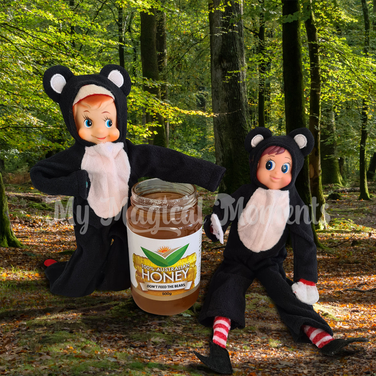 elves dressed as bears eating honey