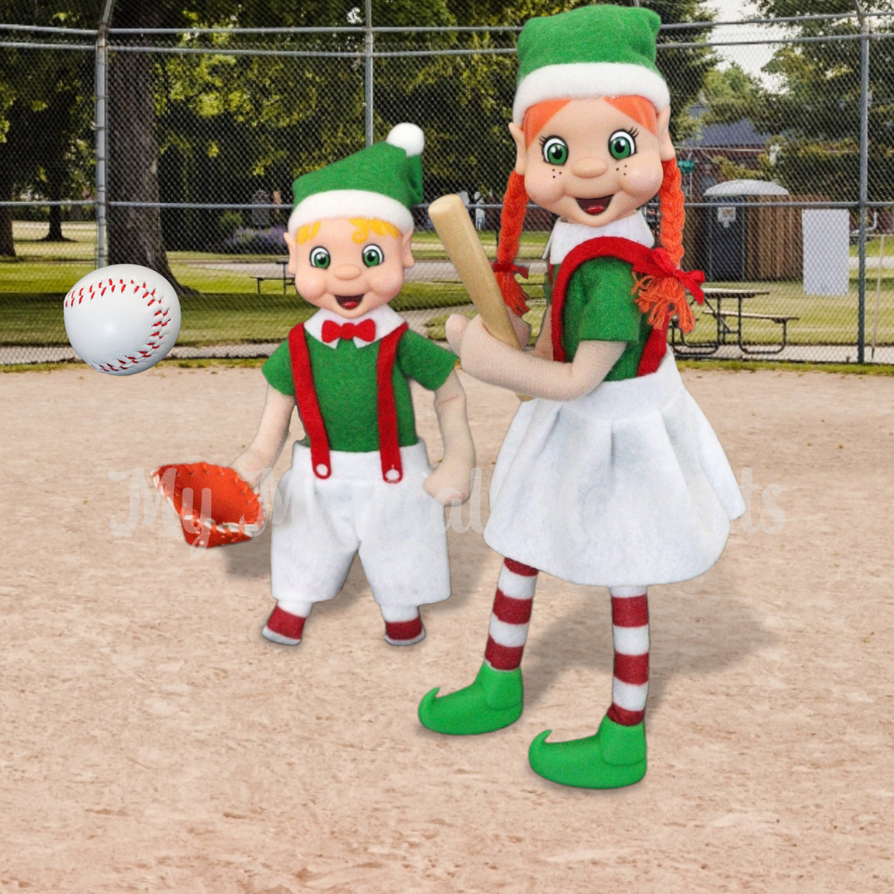 elf playing catcher and hitting a baseball