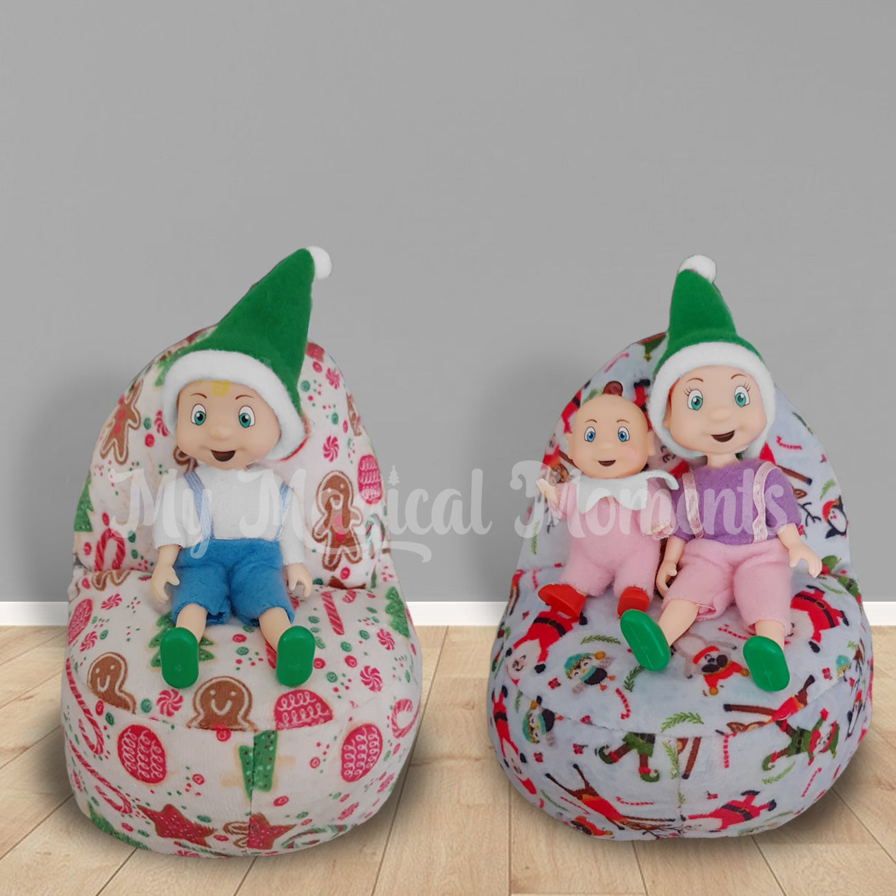 Elf toddlers and elf baby are sitting on miniature bean bags