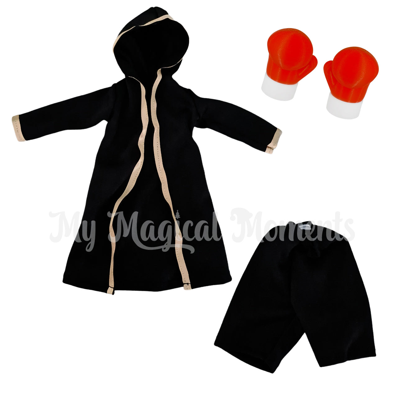 Elf boxing costume with black robe, shorts and boxing gloves