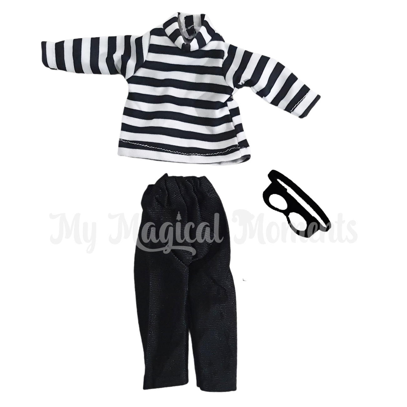 Burglar elf costume with black white striped top, black pants and face mask
