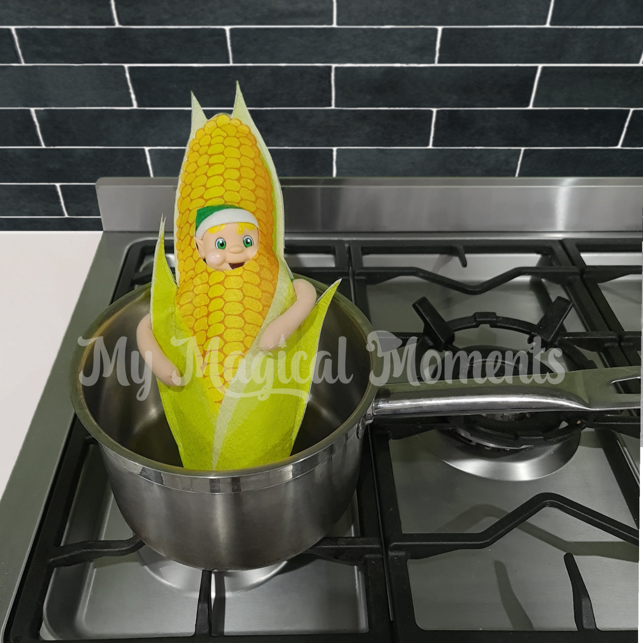 elf dressed as a corn on the cob in a pot