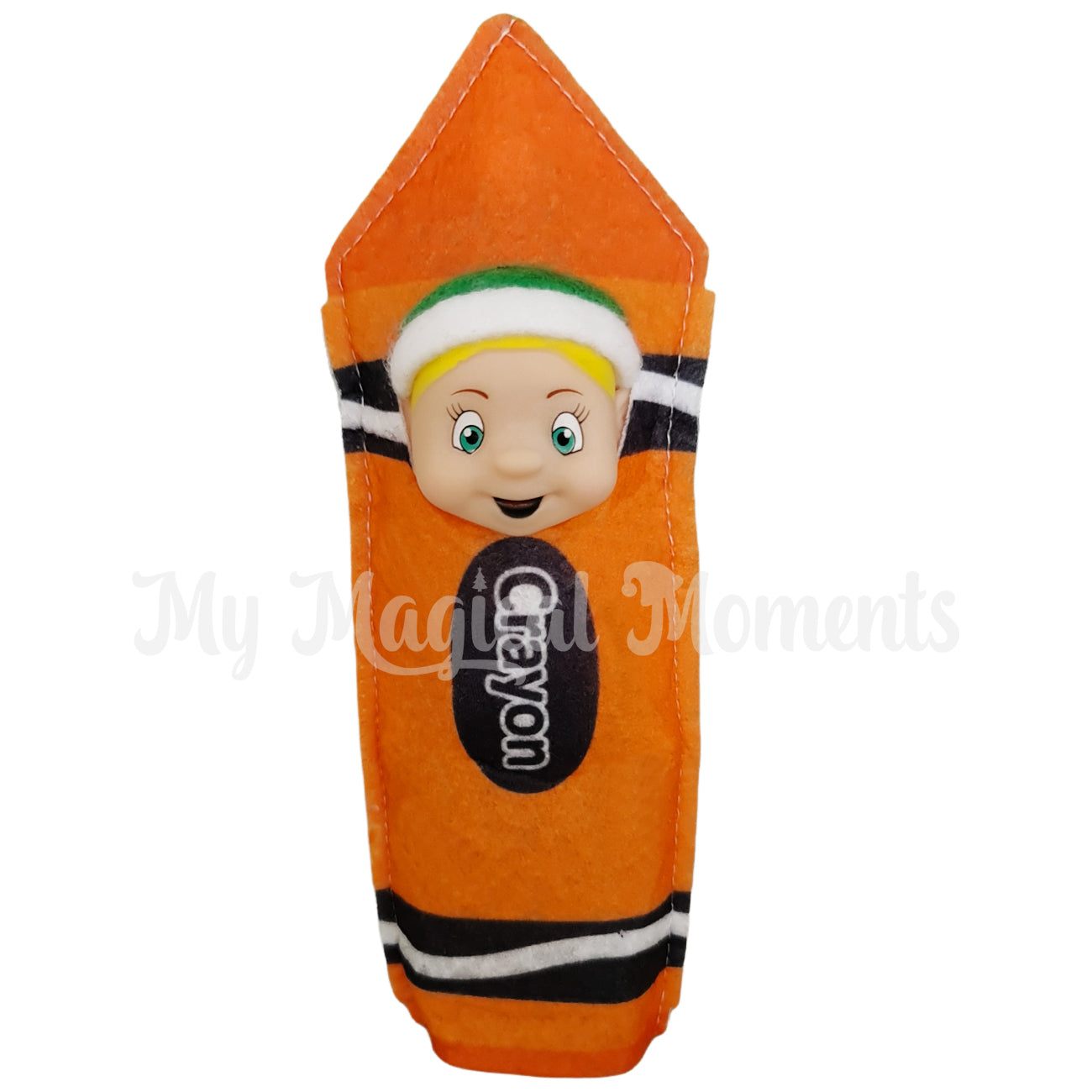 Blonde Hair elf dressed as an orange crayon outfit