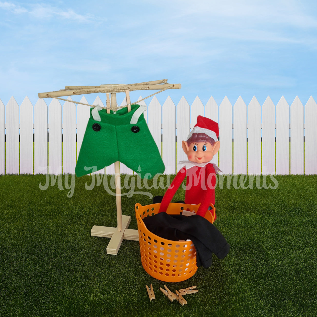 Elves behavin badly hanging washing out on a mini clothesline
