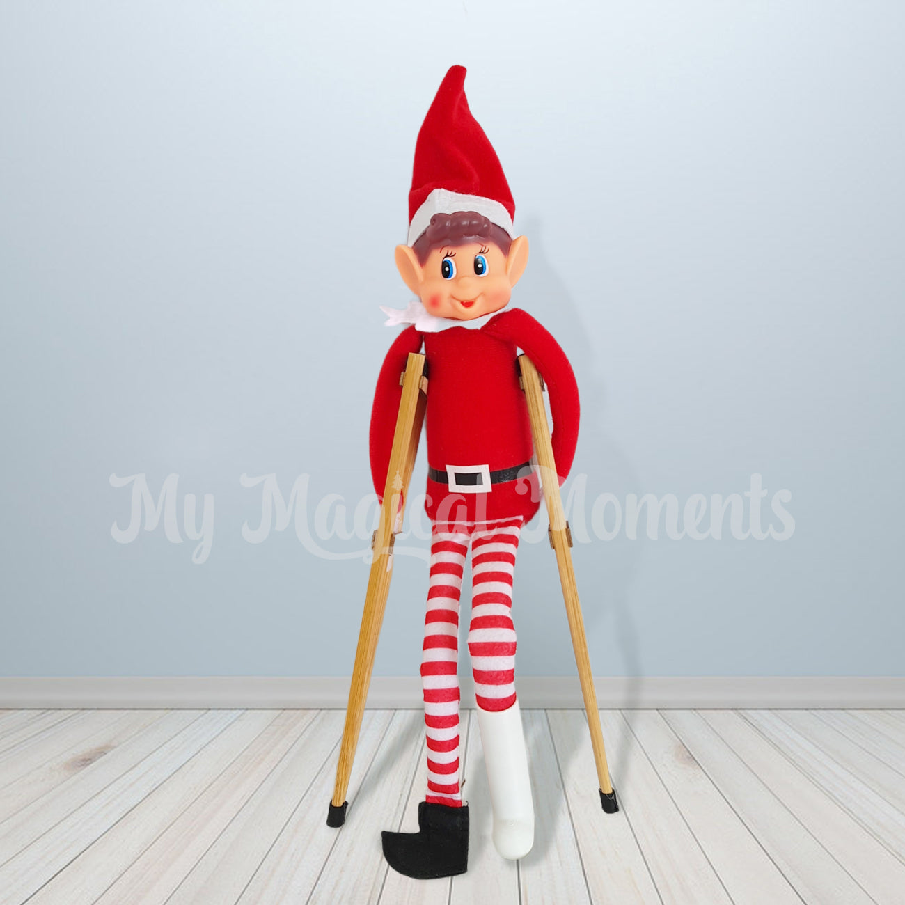 Elves behavin badly with a broken leg cast and crutches