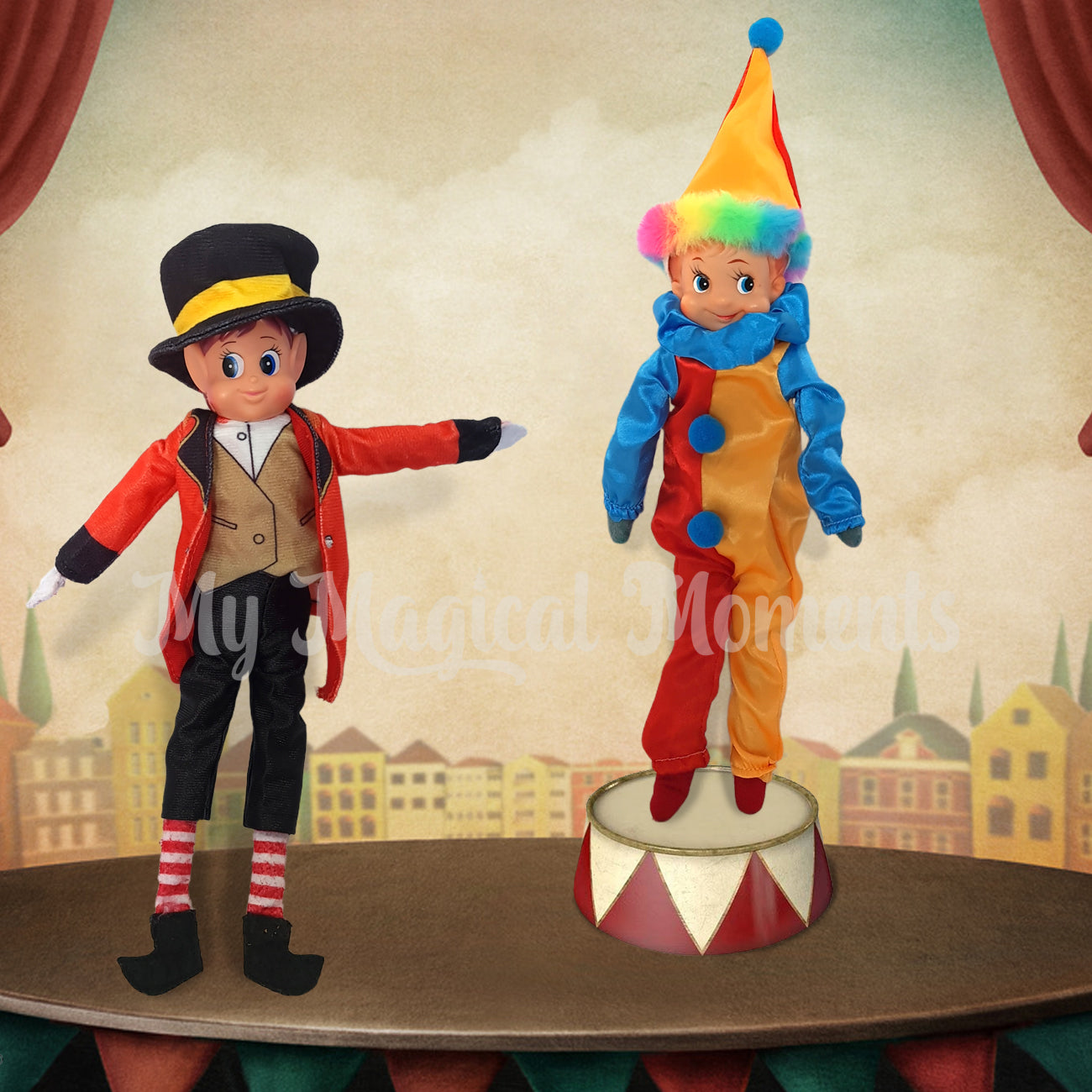Elves at a circus wearing a ring leader costume and clown costume