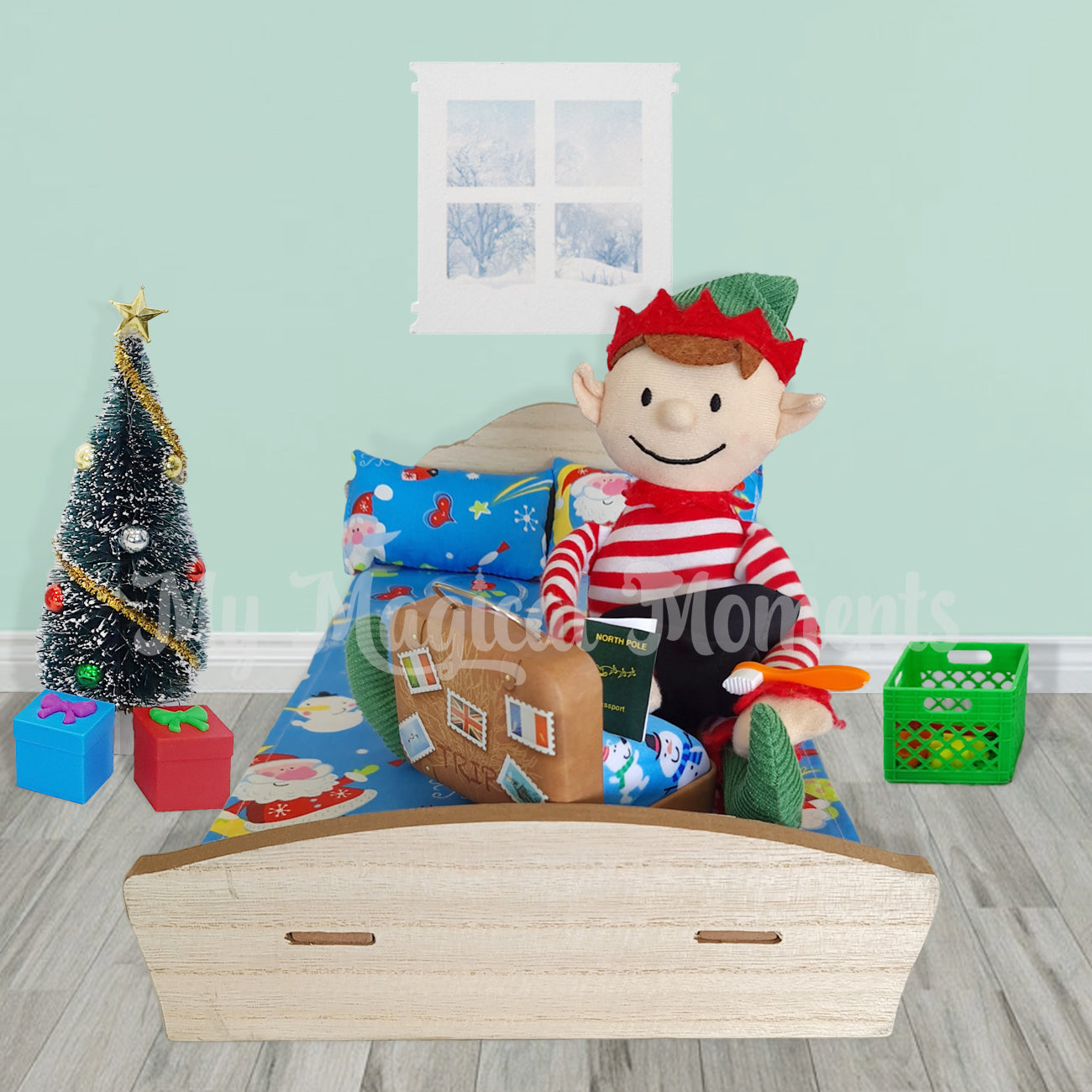 Elf for Christmas packing his suitcase in a bedroom with a Christmas tree and crate