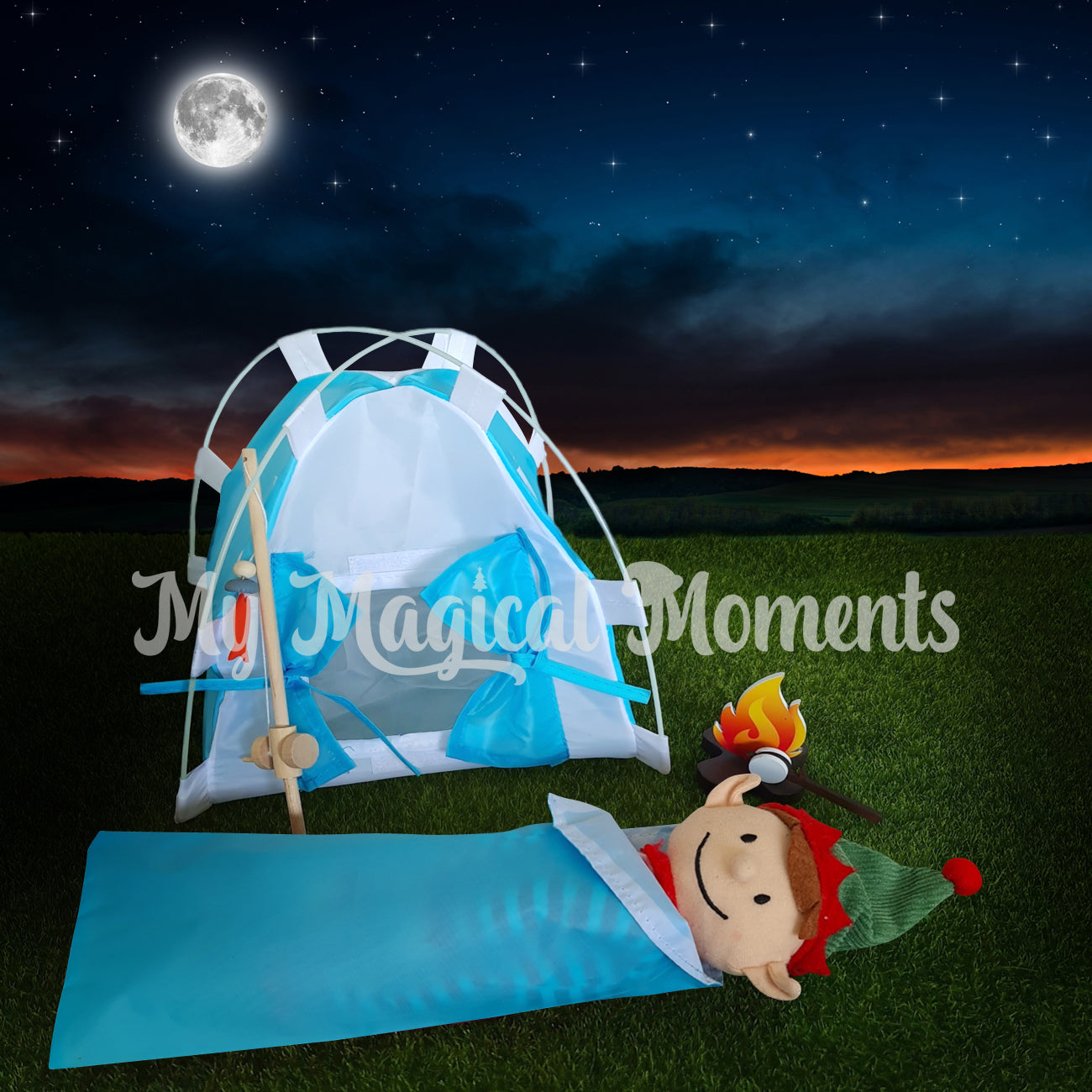 Elf for christmas camping with a tent, sleeping bag and mini fire pit