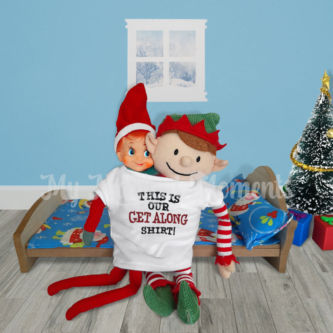 elf for christmas and elf wearing a get along elf shirt