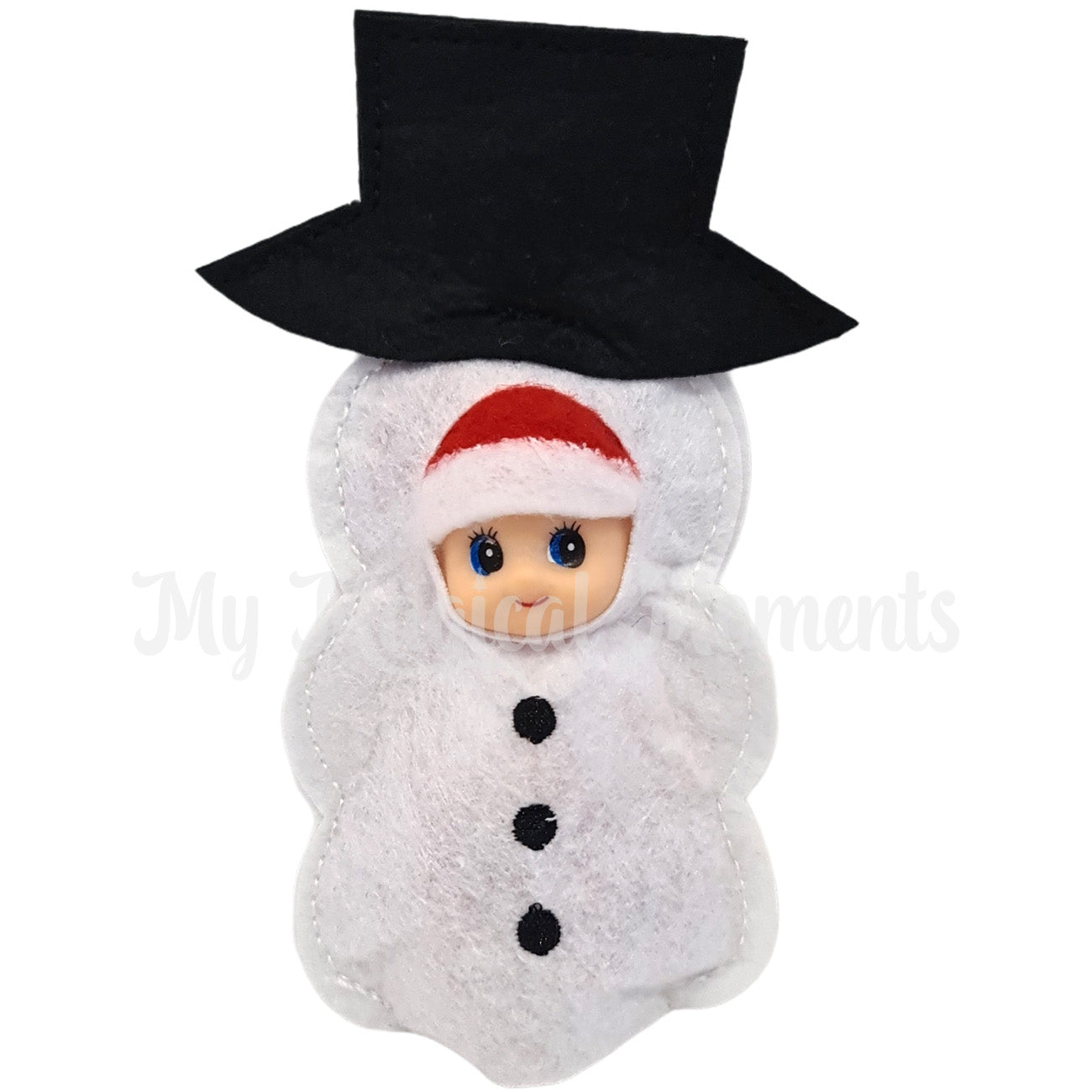 Elf baby wearing a snowman costume
