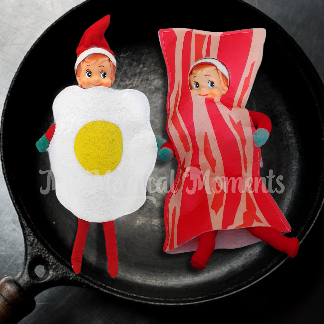 elf in a pan dressed as streaky bacon and an egg