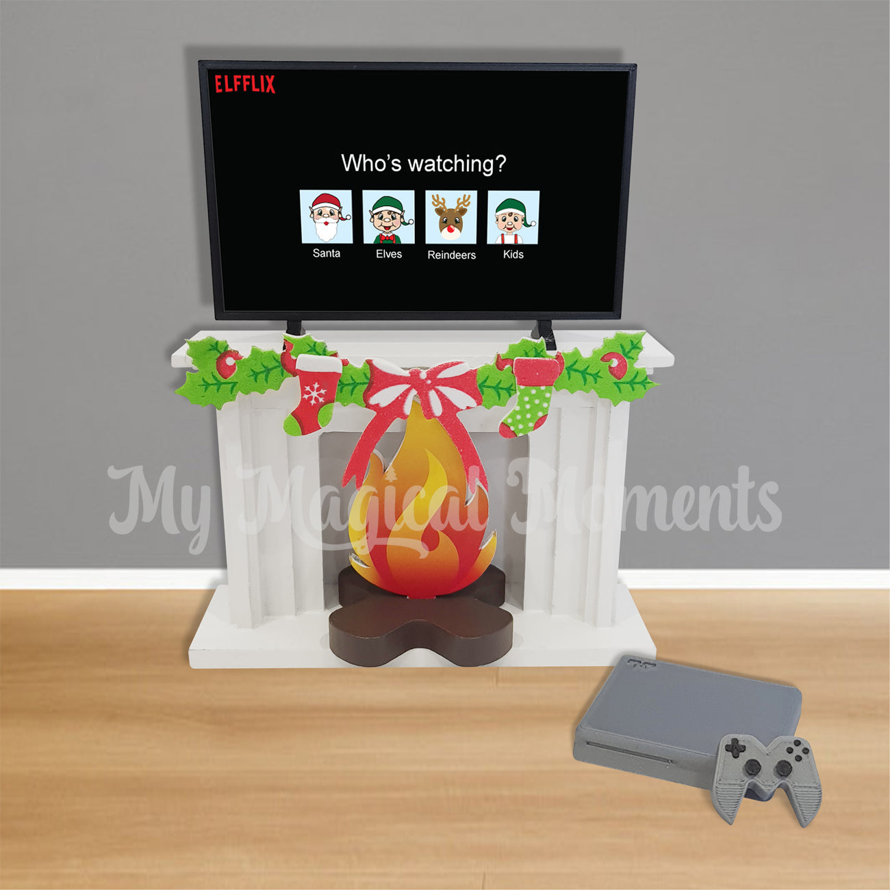 Netflix for elf tv screen printable with gaming console and fireplace