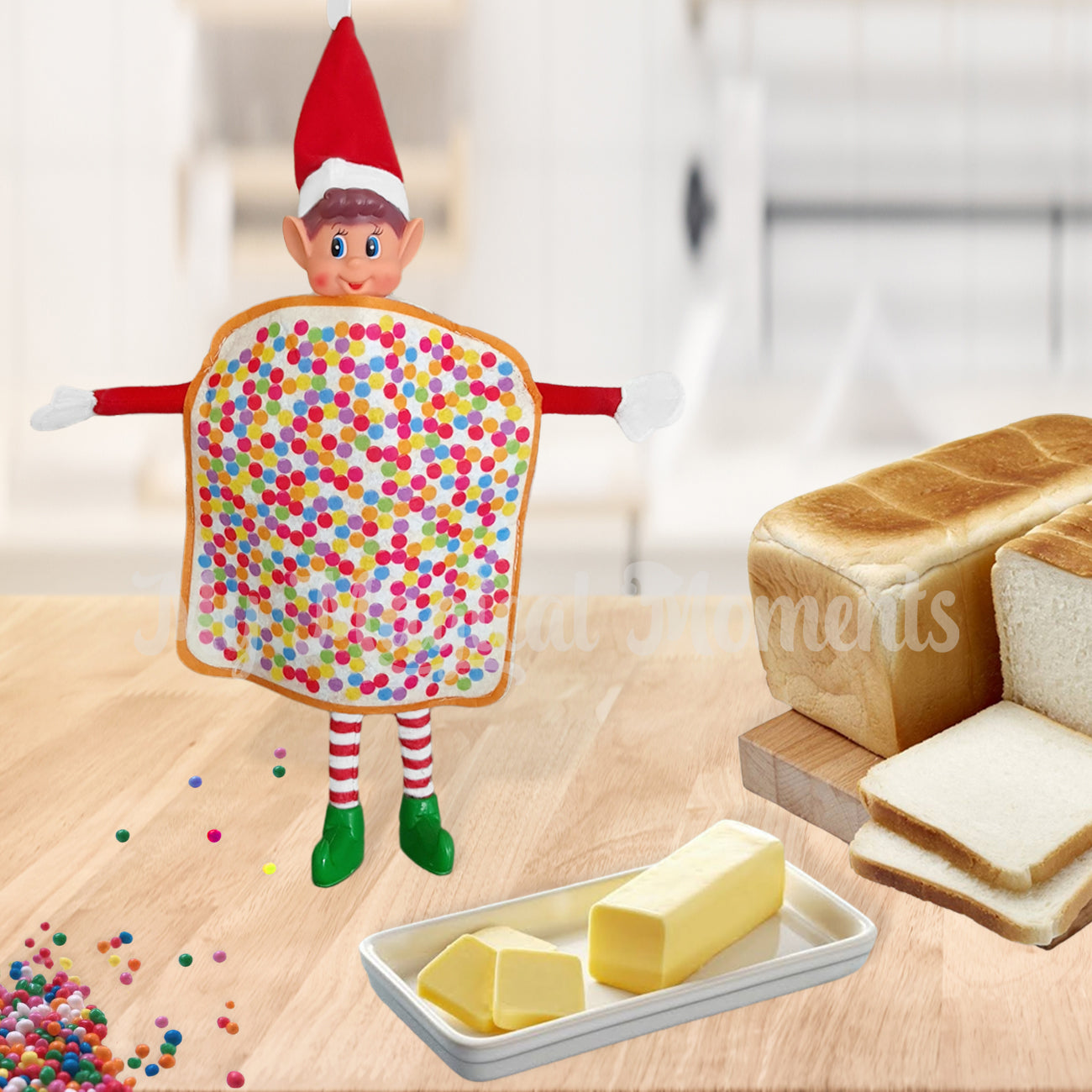 Elves behavin badly wearing a fairy bread costume making fairy bread in the kitchen