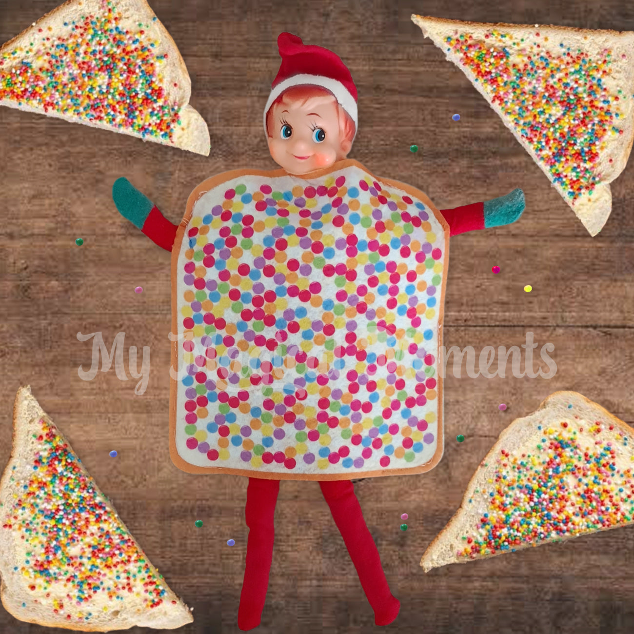 Elf dressed as fairy bread surrounded by pieces of fairy bread sandwiches