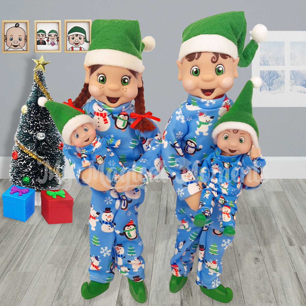 Elf family photo wearing matching Pyjamas