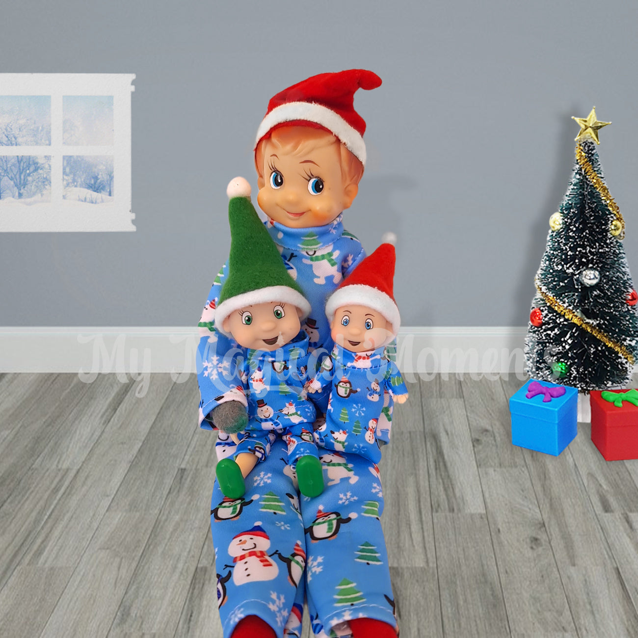 Matching pyjamas for adult elf, baby elf and toddler