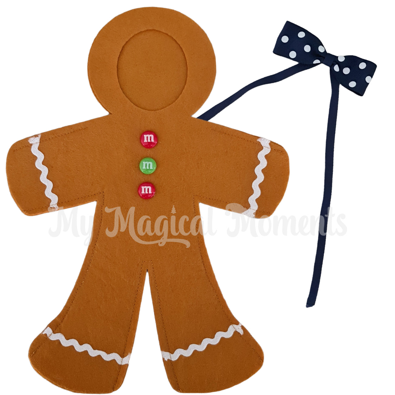 Gingerbread elf costume with m&m buttons and blue and white bow
