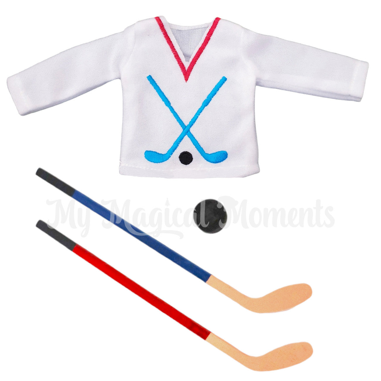 Elf hockey jersey with miniature hockey sticks and puck
